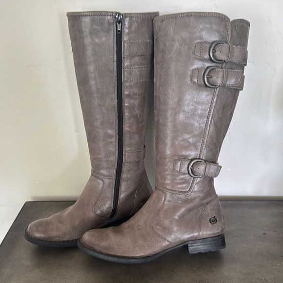Born Women's Tall Knee High Ash Leather Boots Riding Boho Buckle Size 6.5 EUC - Picture 1 of 12